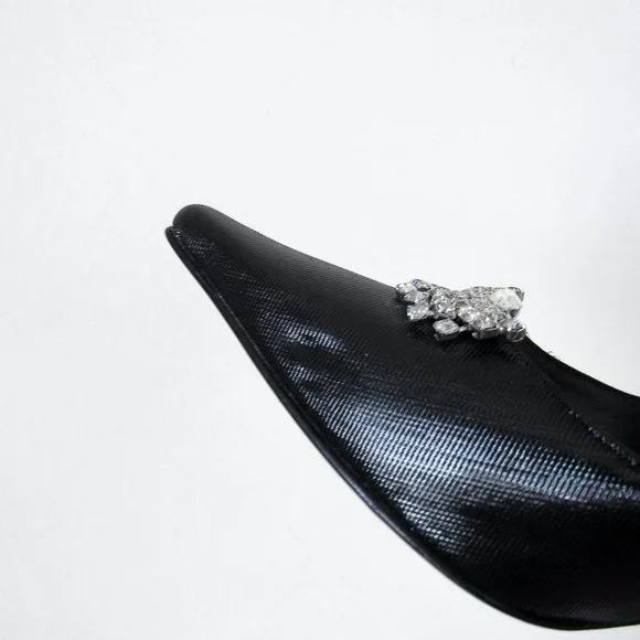 STUART WEITZMEN Classic Black Pointed Toe Pumps Crystal Charm Fringe Heels - Picture 13 of 15